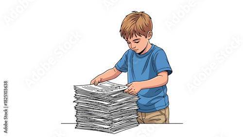 A young boy, wearing blue shirt and khakis, arranges a large stack of papers, eyes down