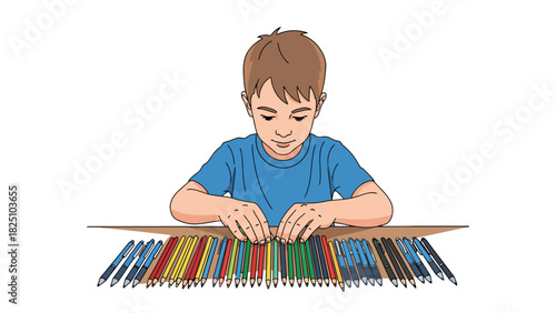 A young boy sits at a table, looking down at a collection of colored pens and pencils