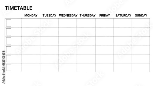 A blank weekly timetable design with days of the week headings and time slots outlined