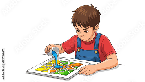 A young boy carefully pours blue paint onto a colorful geometric design on a canvas