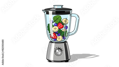 A cartoon blender filled with fruit and spinach on a white background, casting a shadow