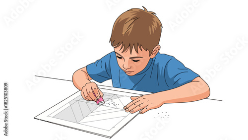 A young boy, concentrating, erases pencil lines on a drawing with an eraser at a desk