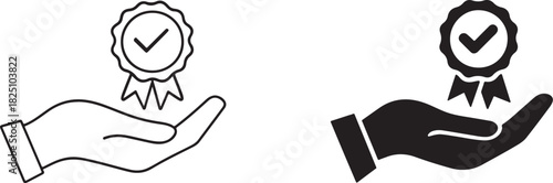 Check Mark Verification Badge in Hand. Assurance and Approval Vector Illustration. Solid & Outline Approval Icons Vector
