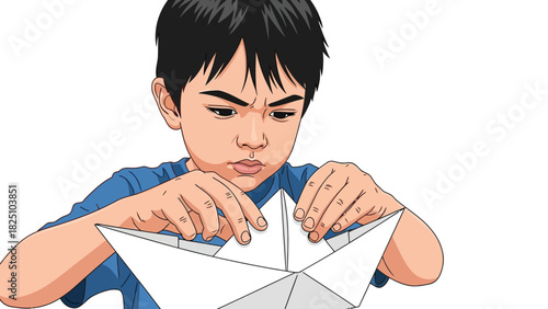 A young individual focuses intently, meticulously folding a paper boat with concentration