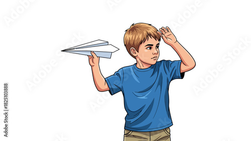 A young boy prepares to throw a paper airplane. He is looking up and away