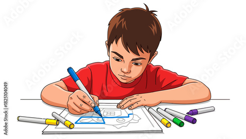 A young boy with brown hair concentrates on drawing on paper with a blue marker, a red shirt