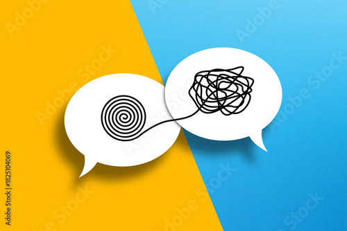 Tangle and untangle concept on speech bubbles. Psychotherapy. Chaos and order business concept.