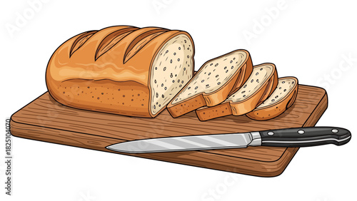 A cartoon illustration of bread and knife on a wooden board