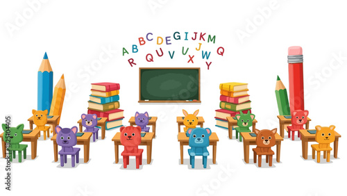 A classroom scene filled with animal-shaped students, pencils, books, a chalkboard, and the alphabet