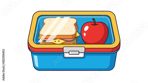 Pixelated lunchbox, sandwich, and red apple. A child's lunch is packed and ready