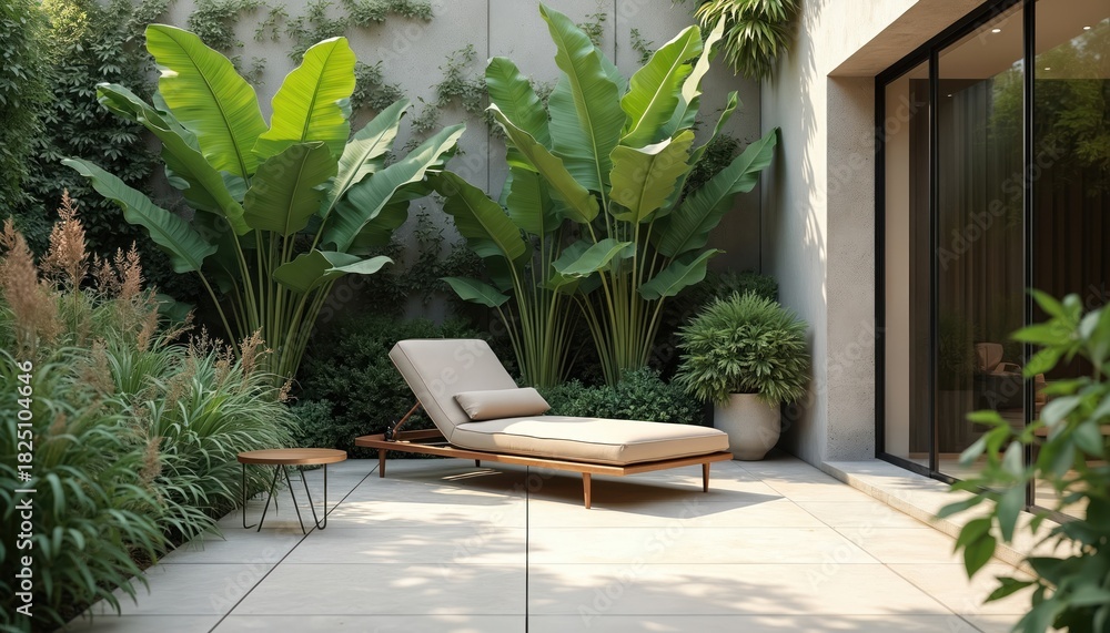 Obraz premium Modern patio with chaise lounge chair and tropical plants. Sunlight falls on elegant outdoor seating area next to modern building and glass doors. Peaceful garden relax.