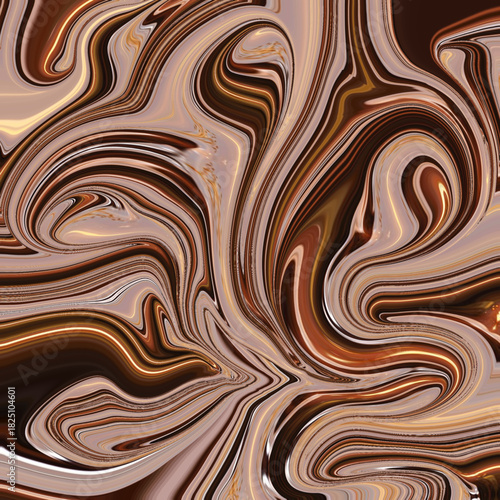 Smooth flowing abstract with glossy marble, texture, pattern, organic, liquid streaks in beige and brown creating a reflective artistic composition.
