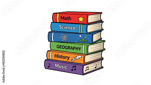 A stack of colorful school books for various subjects like math, science, and music are arranged in a vertical pile