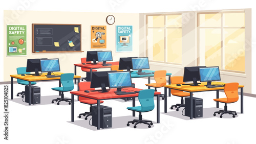 Computer lab with monitors, desks, chairs, and posters on the wall. Classroom scene with light from windows