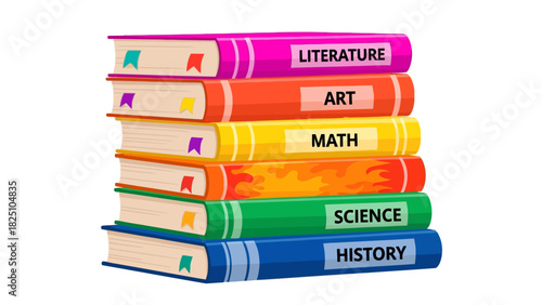 A stack of colorful school books with subject s, featuring bookmarks and a plain white background
