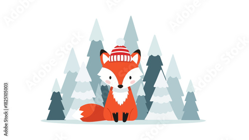 Cute cartoon fox in a winter scene, wearing a hat, surrounded by pine trees on white