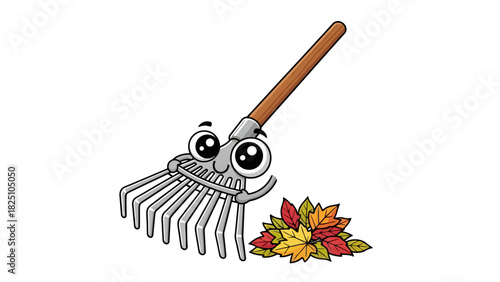 A cartoon rake with big eyes smiling next to a pile of colorful autumn leaves