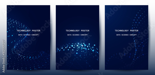 Technology Banner Poster set. Futuristic digital data wave glowing lines. Data science concept tech banner, corporate business presentation or booklet technology