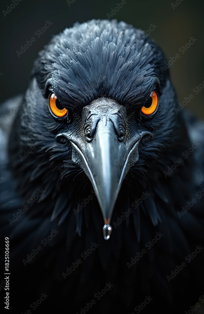 Fototapeta premium Close portrait of a black crow with bright orange eyes. Bird has wet beak. Dark, blurred background complements the sharp details. Photo presents impressive detail.