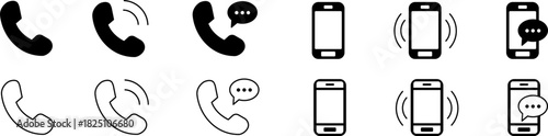 Mobile communication icon set, showing phone calls, incoming messages, and ringing smartphones in solid and outline styles for app and web interface design