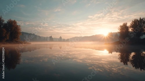 Dreamy sunrise reflecting on a calm lake with mist rolling over the water creating a tranquil scene ideal for meditation and relaxation videos