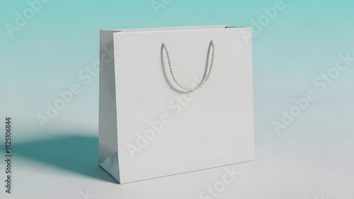 Elegant white paper shopping bag with rope handles on a light background, ideal for branding and retail mockups.