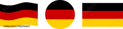 Collection of German flags in different shapes, including waving, circular and standard rectangular formats, representing the concept of national identity, travel and sovereignty