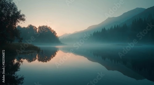Tranquil mountain lake ripples at dawn, a serene escape with mist rising and reflecting the soft light, promising a calming, scenic travel adventure