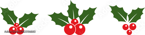 Christmas decoration icons of holly berries, green leaves, and red berries in three different arrangements, representing the concept of the Christmas season and winter cheer