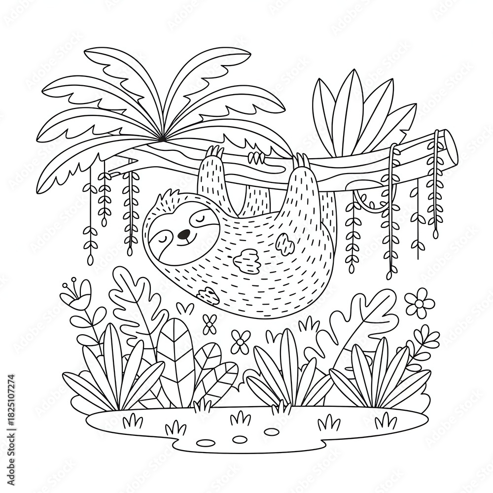 Obraz premium A cartoon sloth hangs from a tree branch surrounded by jungle plants and vines