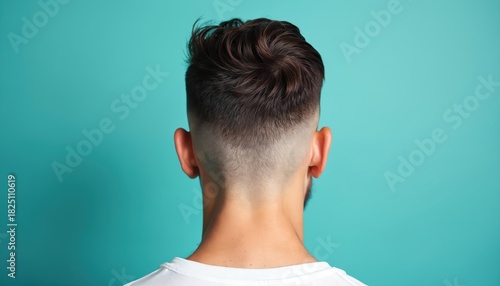 Young man shows off sharp fade haircut. Dark hair styled with texture on top. Clean taper in neck nape area. Background is solid turquoise color.