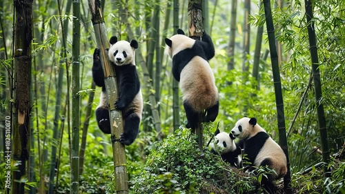 Pandas climbing bamboo trees