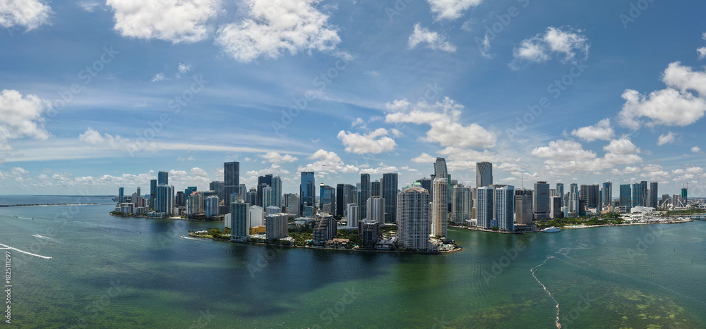 Fototapeta premium Panorama of Miami skyline. Panorama cityscape of Brickell Miami. Panoramic top view of Brickell. Panorama of the Miami financial district. Panorama aerial of Brickell in Miami Beach.