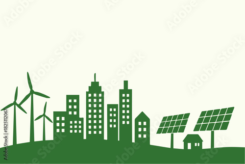 Eco-friendly City Silhouette with Wind Turbines and Solar Panels for Sustainable Energy Solutions