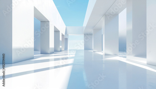 Bright, minimalist white architectural space with pillars, reflective floor, and blue sky overhead.