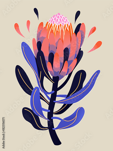 Exotic Protea Flower Gouache Painting on Beige Background