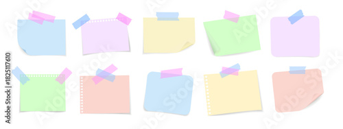 Paper notes with pins and tape. Realistic colored sticky papers with curled corners and notebook sheets. Vector templates for messages, reminders, and office design.