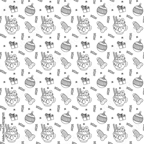 Seamless pattern with hand-drawn Christmas mugs, ornaments and mittens on white background. Vector cozy seasonal background.