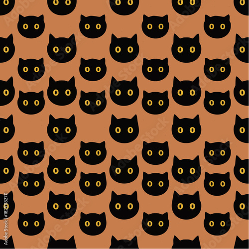 midnight feline motif grid with amber gaze and retro brown textile stripe for surface design