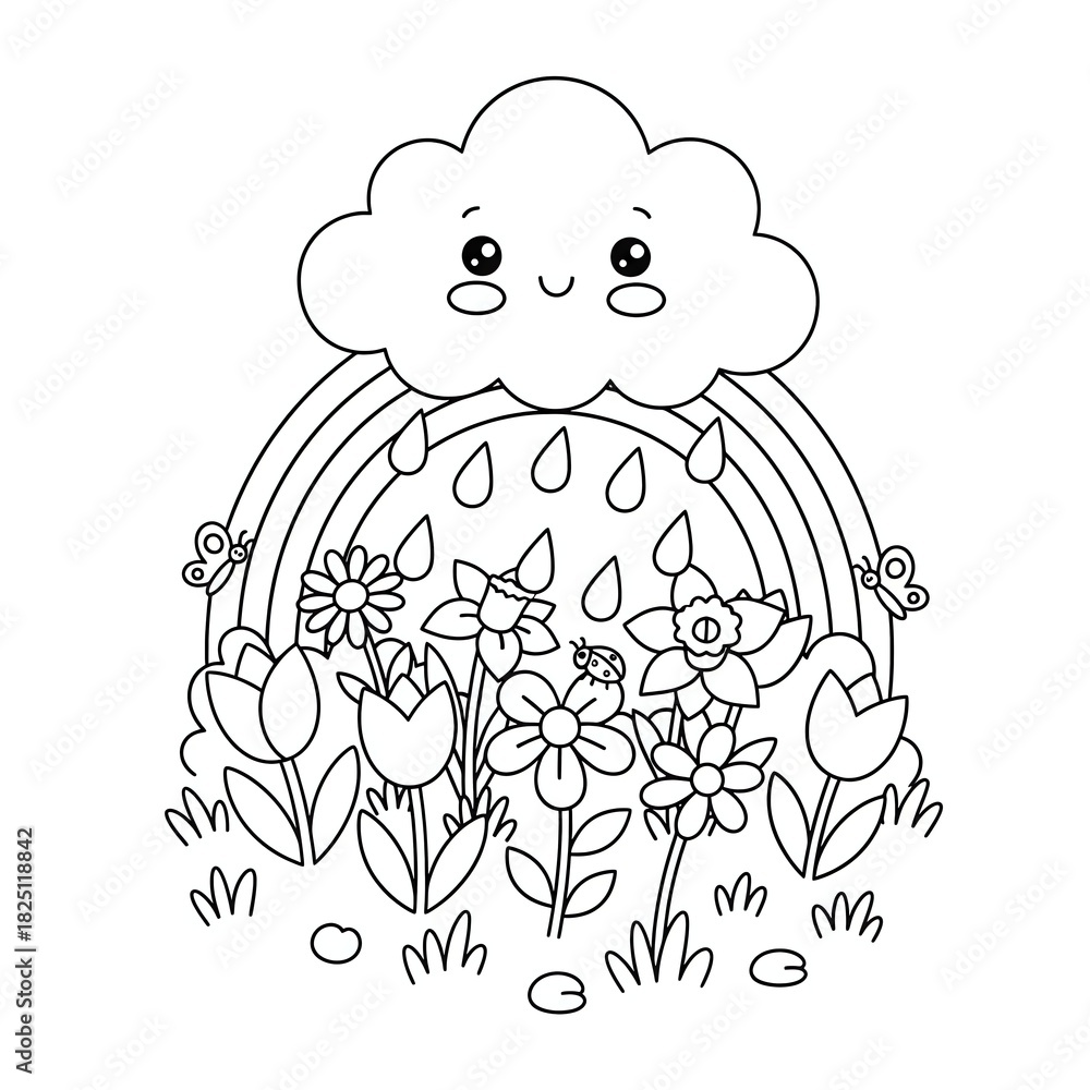 Naklejka premium Cartoon cloud with rainbow rain and flowers
