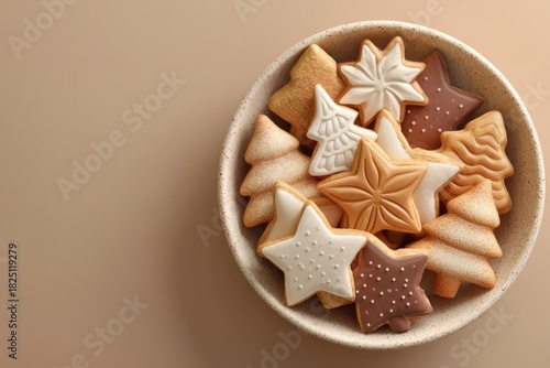 Festive holiday cookies arranged in a bowl with various shapes and textures for seasonal celebration