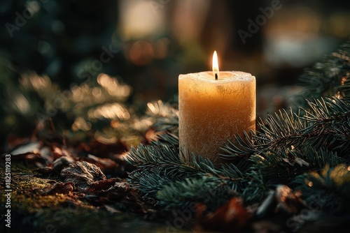 Candle surrounded by evergreen branches and fallen leaves creating a serene atmosphere
