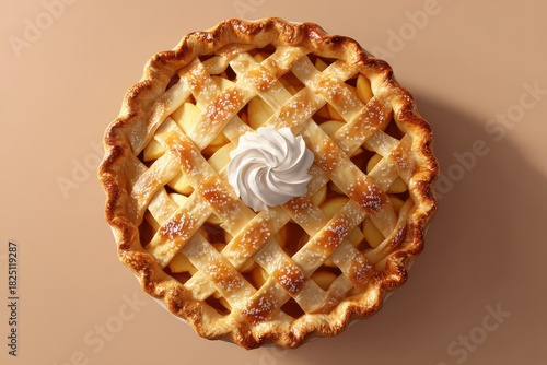 Delicious apple pie with lattice crust and whipped cream topping on a neutral background