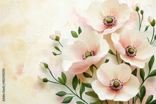 Beautiful watercolor illustration of delicate pink and white flowers with green leaves on soft background