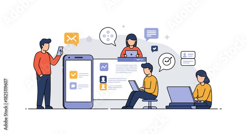 diverse team collaboration using technology communicating on laptops and smartphones for effective project management and innovation in business