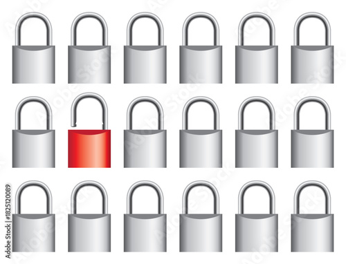 Open red padlock standing out among closed grey padlocks