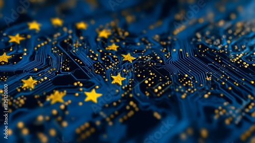 Abstract Blue Circuit Board with Golden Stars Background Illustrating Technology and European Union Symbolism in Technological Advancement and Innovation