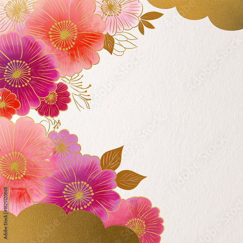 上品な和風モチーフの花柄が水彩調で描かれた美しい背景素材。余白を活かした構成が特徴で、商品紹介・店舗POP・広告用など様々な場面で活用できる、和のテイストを重視したアートデザイン。