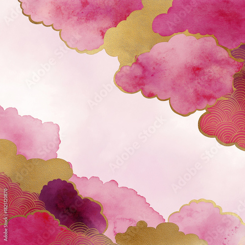 上品な和風モチーフの花柄が水彩調で描かれた美しい背景素材。余白を活かした構成が特徴で、商品紹介・店舗POP・広告用など様々な場面で活用できる、和のテイストを重視したアートデザイン。