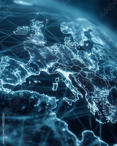 Abstract Blue Glowing Network Over Europe Geographic Visualization